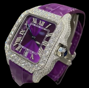 Moissanite Diamond Luxurious <b>Square</b> Case Roman Numerals Wristwatch Purple Color Leather Band <b>Man's</b> All Function Suitable <b>Watch</b> - Product Image 2
