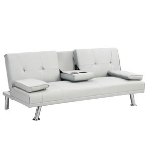 Two-Holder Armrest <b>Sofa</b> Bed with <b>Wood</b> <b>Frame</b> and Stainless Leg FUTON White PVC Material - Product Image 5