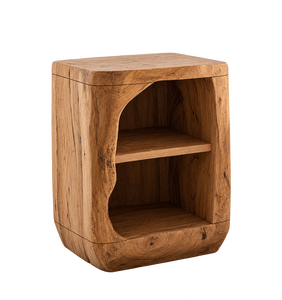 Table de chevet Artesia en bois naturel sculpté à la main, bord brut, design scandinave, aspect antique, durable et écologique - Product Image 1
