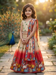 Ensemble Lehenga Choli pour Filles, Tenue Ethnique Indienne Entièrement Cousue, Imprimé Traditionnel, en Rayonne, Jupe Longue et Haut Court, pour Fête de Diwali - Product Image 5