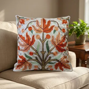 Handmade Kashmir Crewel Embroidered <b>Cushion</b> <b>Cover</b> with Chinar Leaf Design Luxury Kashmir Crewel Embroidery <b>Cushion</b> <b>Cover</b>–Chinar - Product Image 6