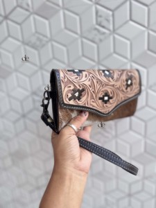 Latest Designer Hand Tooled Leather Clutch With <b>Hair</b> On Hide Embroidery <b>Bohemian</b> Stylish Wallet With Strap For Daily Use - Product Image 2