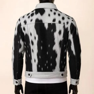 Men's Real Cowhide Leather Canvas <b>Jacket</b> Hair Hide Stand Collar Black Grey Speckled Print <b>Western</b> Trucker Coat Vintage Outerwear - Product Image 1
