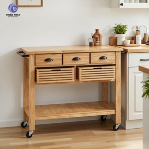 Carrito de Almacenamiento de Cocina de Madera de Roble Acacia Sólido, Ecológico y Duradero, Carrito Utilitario Rodante de 3 Niveles con Ruedas, Acabado Natural, Fácil de Limpiar - Product Image 3