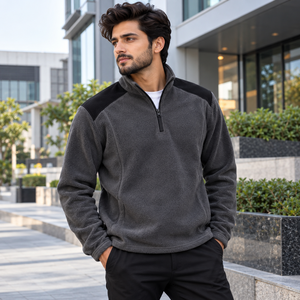Men Half Zip Puller <b>Fleece</b> <b>Jacket</b> Made With <b>Warm</b> <b>Fleece</b> Fabric Relaxed Silhouette Secure Front Zip Elastic Sleeve Cuffs Kangaroo - Product Image 1