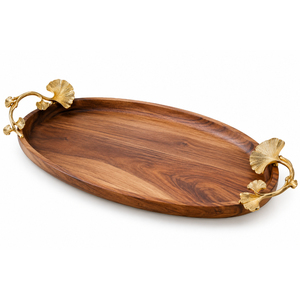 Plateau décoratif ovale unique en bois avec poignées en métal en forme de feuille de Ginkgo dorée, plateau de service en bois pour la vaisselle d'hôtel et la décoration de la maison - Product Image 1