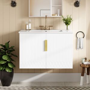 Mobile Bagno Vintage da 30 Pollici con Lavabo Singolo in Ceramica a 3 Fori, 2 Armadietti con Chiusura Ammortizzata, Stile Retrò - Product Image 1