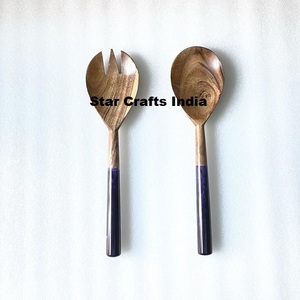 Factory Wholesale Price Eco-Friendly Wooden Salad Server Resin Handle Dishwasher <b>Safe</b> <b>Large</b> Spoon Fork Kitchenware Tableware - Product Image 2