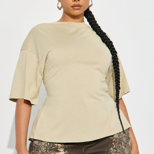 T-shirt côtelé marron uni pour femme, coupe droite, décontracté, avec fermeture éclair au dos, manches courtes, ourlet incurvé, style hip-hop, idéal pour la gym - Product Image 5