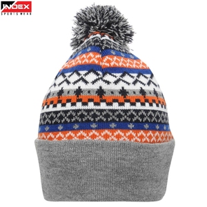 Gorro de Punto Unisex INDEX con Pompón, Patrón Geométrico, Gorro de Invierno, Informal para Exteriores, Gris, Naranja, Azul, 56-58CM - Product Image 1