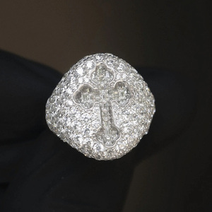 Anillo de Moissanita para Hombre, Estilo Hip Hop, con Incrustaciones Completas de Piedras, Corte Baguette, Diseño de Cruz, Religioso, Personalizado, Estilo Rapper, Bañado en Rodio, con Engaste Pavé, en Plata - Product Image 1