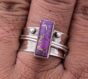 Bague de fiançailles vintage en argent sterling 925 avec pierre précieuse tournante en turquoise huître pour les mariages et les fêtes unisexes, gravée à la main - Product Image 1