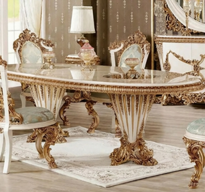 Ensemble de table à manger ovale en teck blanc doré de luxe, design antique français, meubles de salle à manger pour usage hôtelier, fabriqué en Indonésie - Product Image 3