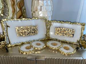 Handmade Tray & <b>Coaster</b> Set Resin <b>Agate</b> Tray Glass Rim Luxury Modern Dining Table Accent Coffee Table Serving Set - Product Image 3