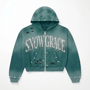 Snowgrace Hooded Zip-Up Sweatshirt <b>Rhinestone</b> Logo Oversized Fit Unisex Winter Style Knitted <b>Fabric</b> Green Color - Product Image 1