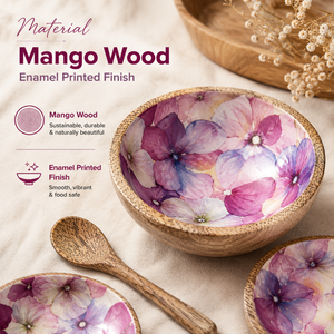 Ensemble de saladiers en bois de manguier imprimé émail floral de luxe, bols de service artisanaux de qualité supérieure, sans danger pour les aliments, décoratifs pour la cuisine et la salle à manger - Product Image 4