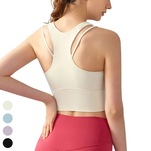 Breathable Quick Dry Casual Sleeveless Workout Wear O-Neck Sports Bra <b>Top</b> Fixed Pads Regular Length <b>Racer</b> Back Tank <b>Top</b> Front - Product Image 4