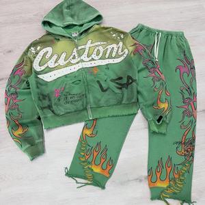 Custom Green Flame Print Tracksuit Full <b>Zip</b> <b>Hooded</b> Sweatshirt Pants Set Streetwear Unisex Adult Autumn Wear Hand Painted Design - Product Image 1