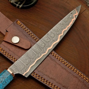 Cuchillo de chef hecho a mano de acero de Damasco y cobre con mango de resina y funda de cuero fino, cuchillo de cocina, cuchillo para picar, cuchillo de moda. - Product Image 2