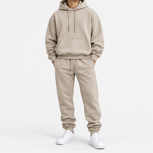 Ensemble de survêtement unisexe beige à capuche, manches longues, couleur unie, sweat-shirt et pantalon décontractés avec cordon de serrage et poches latérales - Product Image 3