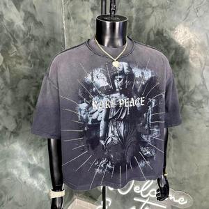Camisetas de algodón oversize de estilo urbano personalizadas con lavado ácido, vintage, de gramaje pesado, con pedrería, corte holgado y gráficos para hombre - Product Image 2