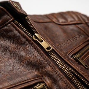<b>Mens</b> <b>Brown</b> <b>Leather</b> <b>Jacket</b> Stand Collar Zipper Front Quilted Shoulder Details Multiple Zipper Pockets Waist Belt Custom - Product Image 6