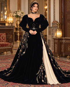 Mishkat Couture Elegant <b>Black</b> Velvet MAXI Long Sleeve Algerian Badroun Intricate Hand Embroidery for Muslim Women Arab Girls - Product Image 4