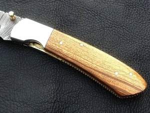 Handmade Damascus Steel <b>Drop</b> Point Folding Pocket Knife Olive Wood Handle Custom EDC Utility Leather Sheath OEM ODM 3-Year - Product Image 4