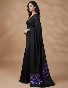 Sari KV para Mujer, Negro, de Seda Satinada, Moderno, con Adornos, Sin Arrugas, para Fiestas y Eventos - Product Image 2