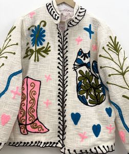 Chaqueta Blanca de Algodón Bordada con Diseño Floral de Gato y Bota, Cuello Mandarín, Manga Larga, Estilo Bohemio, Ropa de Primavera - Product Image 3