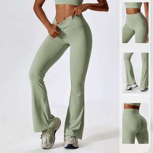 Mid Waist Flared Leg Yoga <b>Leggings</b> Plaid Pattern Full Length Seamless Four-Way Stretch Drawstring Closure Eco-Friendly Women's - Product Image 4