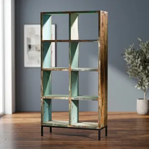 Étagère rustique en bois et fer à 8 cubes avec étagères ouvertes et finition vieillie pour le rangement dans le salon - Product Image 2