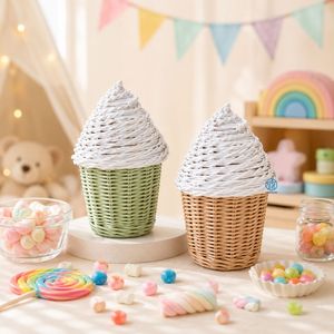 Eco Friendly Handmade Rattan Ice Cream Shape Candy <b>Gift</b> Box For Ramadan <b>Eid</b> Kids Treat Basket Party Favor Wholesale Supplier - Product Image 1