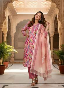 Conjunto de traje de mezcla de algodón rosa premium, kurta recta con cuello en V, pantalón parcialmente elástico con bolsillo, solo venta al por mayor - Product Image 2