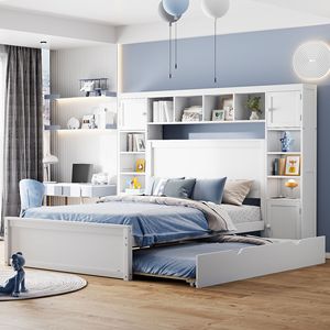 White <b>Twin</b> Size Trundle Bed with All-in-One Cabinet & Shelf Full Size Wooden Kids' Bed with <b>Sockets</b> - Product Image 2