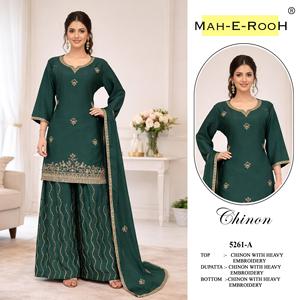 Conjunto de Kurta, Palazzo y Dupatta Listo para Usar, en Chinnon Pesado con Bordado de Lentejuelas, Compre Directamente del Proveedor - Product Image 4