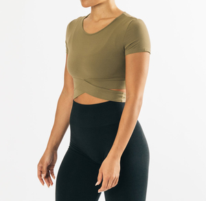 Women Olive <b>Green</b> Asymmetric <b>Crop</b> <b>Top</b> Short Sleeve Scoop Neck Knitted Sporty Fit Yoga <b>Top</b> - Product Image 1
