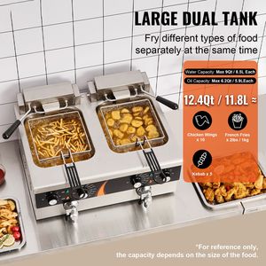 Friggitrice Elettrica Commerciale da Banco 3500W, Doppia Vasca 2 x 9Qt/8.5L, Friggitrice Doppia per Olio, Spessore 1mm, Capacità 10L, Nuova con 2 Cestelli - Product Image 2