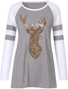 Mens <b>Christmas</b> Sequin Deer Raglan Sleeve Long Sleeve <b>T</b> <b>Shirt</b> Contrast Color Block O Neck Top - Product Image 5