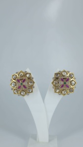 Premium 925 <b>Silver</b> Gold Plated Square Meenakari Kundan <b>Stud</b> <b>Earrings</b> Pink Green Floral Luxury Jewelry - Product Image 4