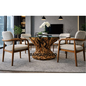 Modern Minimalist Teak Root Wood <b>Dining</b> <b>Table</b> with Glass <b>Top</b> & Comfortable Chairs-Durable Eco-Friendly <b>Dining</b> Set for Villa - Product Image 3