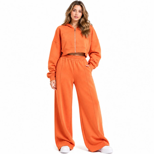 Conjunto de 2 piezas de sudadera corta con capucha y pantalones de chándal de pierna ancha para mujer, de forro polar, informal, de manga larga, color liso, ajuste holgado - Product Image 1