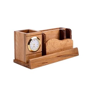 Support à stylos en bois naturel avec horloge pour l'organisation du bureau, support à stylos promotionnel personnalisé avec horloge - Product Image 2