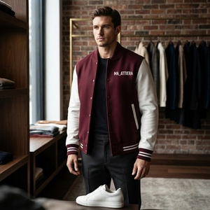 Chaqueta Blanca y Marrón para Hombre, Estilo Preppy, Logotipo Bordado, Cierre de Cremallera Frontal, Corte Regular, Ropa de Otoño - Product Image 3