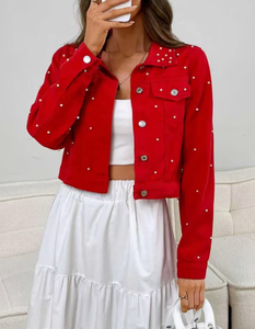 <b>Red</b> Denim Breathable Distressed <b>Crop</b> Jacket with Rhinestone Floral Print Formal Style Autumn Wear - Product Image 5