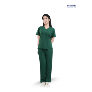 Ensemble de blouses médicales vertes à col en V pour femmes, manches courtes, uniforme d'hôpital, pantalon en coton et polyester tissé inclus - Product Image 1