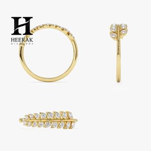 Bague de luxe en or jaune 14 carats avec feuille de branche d'olivier et diamant de laboratoire, motif plume botanique, style bypass, bague statement - Product Image 5