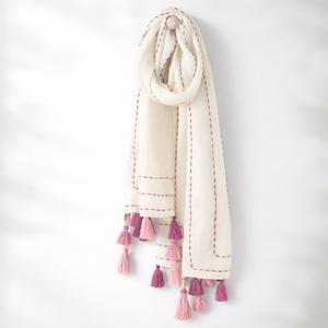 Écharpe 100 % coton brodée à la main à pois, avec pompons faits main, respirante, durable, étole artisanale personnalisable, accessoire de mode OEM - Product Image 4