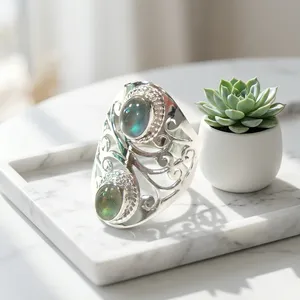 Anillo de Plata de Ley 925 con Labradorita, Hecho a Mano, con Doble Piedra, Estilo Vintage, Joyería de Filigrana para Mujer - Product Image 4