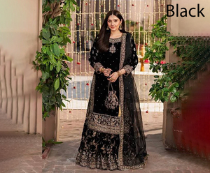 ชุดเดรสกำมะหยี่ PinkCityBlocks Sharara Anarkali พร้อมผ้าคลุมไหล่ ประดับเลื่อมปักลาย งานปักคุณภาพสูง แบบกลับด้านได้ ตัดเย็บสำเร็จพร้อมใส่ - Product Image 1